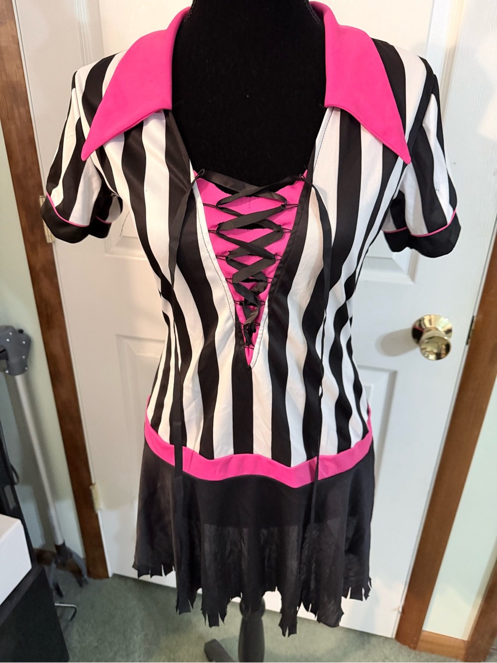Junior/womens  Black & White Stripe Halloween Costume Dress with Pink Accents